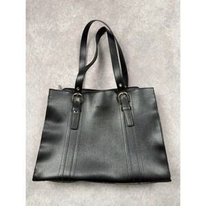 Jack Georges Black‎ Leather Tote Bag Double Handle Buckle Zip Top Work School